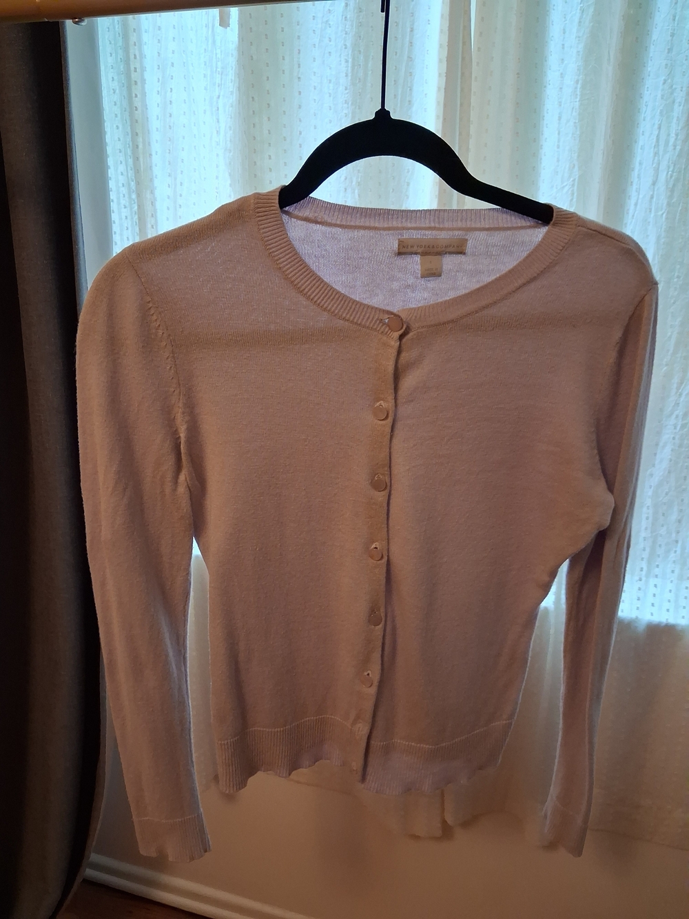 New York & Company Light Lilac Button-Front Crewneck Cardigan